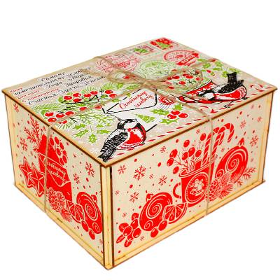 Детский новогодний подарок в упаковке из фанеры весом 1200 грамм